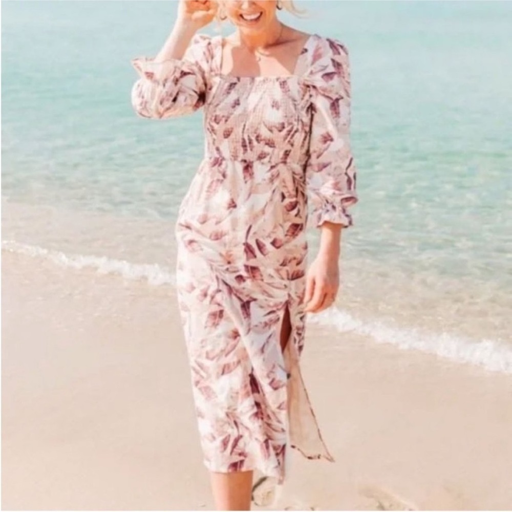 House of Harlow 1960 Floral Palm Linen Puff Sleeve Smocked Midi Dress Coquette